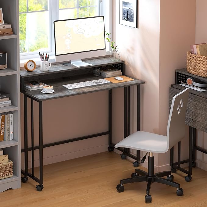 Gezen Folding Desk with Storage Shelf, Small Rolling Desk with Wheels, Mobile Sofa Side Table for Home Office Small Space, Dark Grey, 31.5"