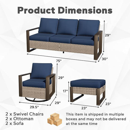 Outdoor Patio Swivel Rocker Chairs, 6 Pieces Wicker Furniture Set, 2 Swivel Rocking Chairs, 2 Sofa and 2 Ottoman, Metal Wide Armrest, Thick Cushions and Deep Seating for Garden, Backyard, Porch, Deck