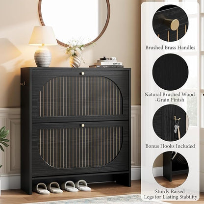Nicetree Shoe Cabinet Storage for Entryway, Narrow Shoe Rack 2 Flip Drawers with 3-Level Adjustable Shelves, 9.5" Slim Cabinet for Small Spaces, Midnight Black Wood Storage Cabinets Fits Size 13.5