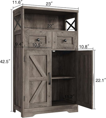 Befrases Farmhouse Storage Cabinet with Drawers and Shelf, Freestanding Kitchen Pantry Hutch for Kitchen, Living Room, Home Office, Rustic Grey