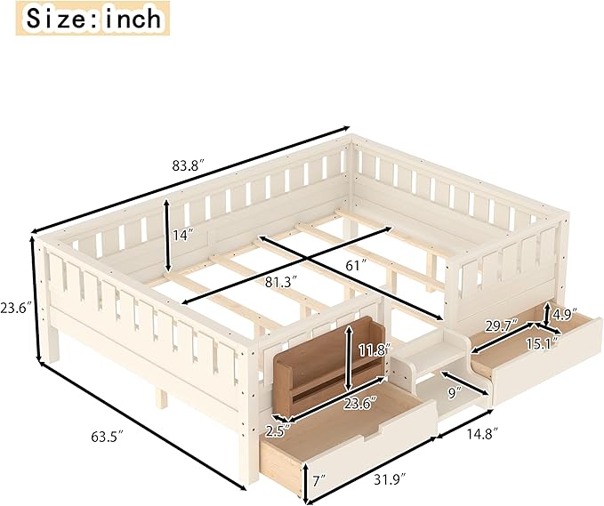 Bellemave Queen Size Kids Bed with high Rails and with Built-in Bookshelf and Drawers for Kids, Girls, Boys, Wood Montessori Bed Without Door, Beige