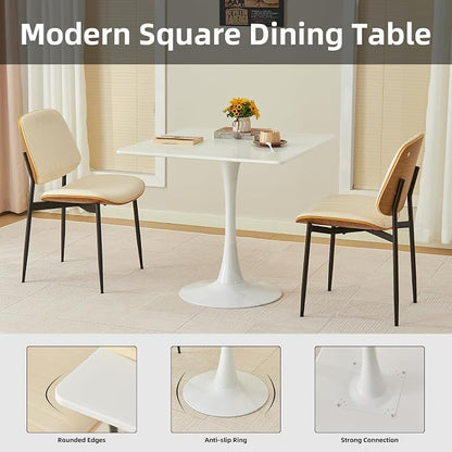 Square Dining Table, 31.5" Tulip Table with Thickened Tabletop & Metal Pedestal, Mid Century Modern Bistro Table for Kitchen, Small Places, Living Room, Cafe (White)