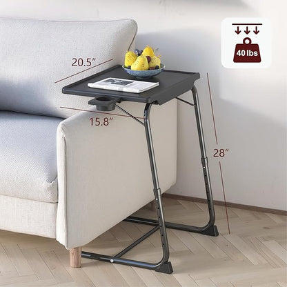 TV Tray Table, Adjustable TV Dinner Table for Eating on Couch with Cup Holder, Folding Tables with 6 Height & 3 Tilt Angle Adjustments, Comfortable Laptop Stand for Bed & Sofa, 2 Pack, Black