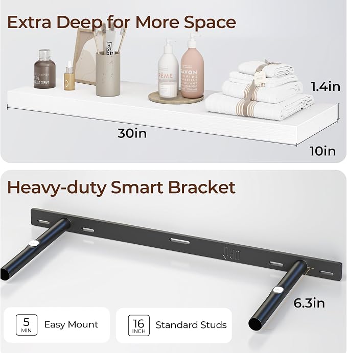 Fun Memories Floating Shelves for Wall 30 Inch Set of 3, Farmhouse Floating Shelves with Invisible Heavy Duty Bracket, 10 Inch Deep Bathroom Shelves for Storage, Living Room, Kitchen, Decor, White