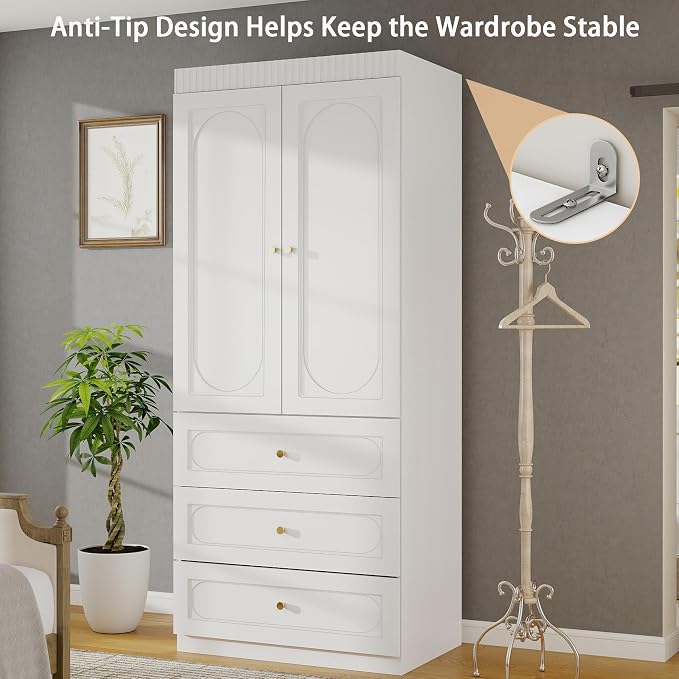 Armoire Wardrobe Closet with Drawers: 74" Tall White Wardrobe Closet with Doors, Large Bedroom Armoires for Clothes, Wood Closets for Hanging Clothes (63 in-4 Doors)