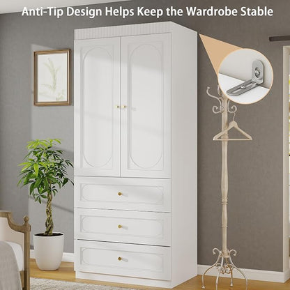 Armoire Wardrobe Closet with Drawers: 74" Tall White Wardrobe Closet with Doors, Large Bedroom Armoires for Clothes, Wood Closets for Hanging Clothes (94.5 in-6 Doors)