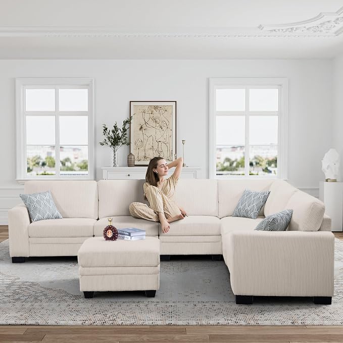 Legend Vansen Oversized Modular Sectional Sofa,7 Seat U Shaped Couch with Ottoman,Corduroy Sofa with Deep Seat,Convertible Large Sectional Couches for Living Room(Cream, L-7)