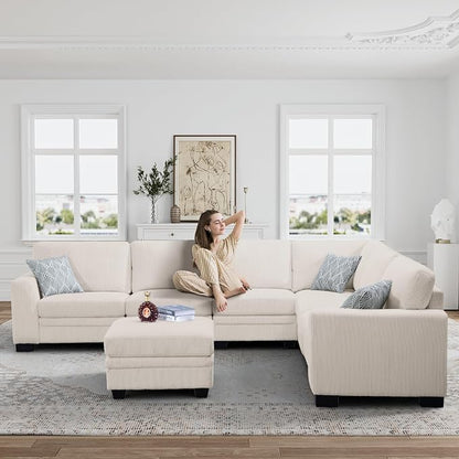 Legend Vansen Oversized Modular Sectional Sofa,7 Seat U Shaped Couch with Ottoman,Corduroy Sofa with Deep Seat,Convertible Large Sectional Couches for Living Room(Cream, L-7)
