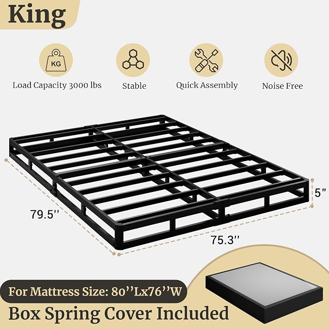 Awesofurni King Box Spring, 5 Inch Low Profile King Size Box Spring Only, Heavy Duty Metal Frame Mattress Foundation with Fabric Cover, Easy Assembly-Noise Free