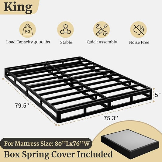 Awesofurni King Box Spring, 5 Inch Low Profile King Size Box Spring Only, Heavy Duty Metal Frame Mattress Foundation with Fabric Cover, Easy Assembly-Noise Free