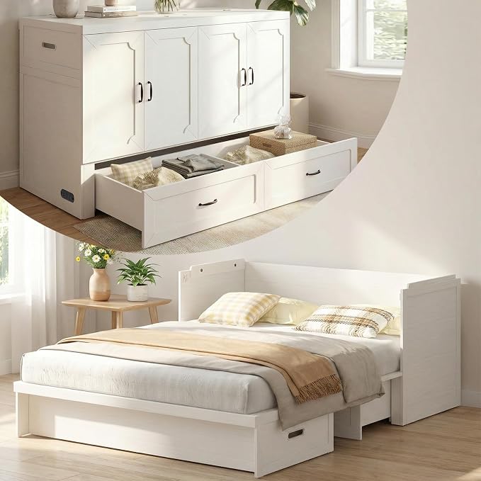 CECER Queen Size Murphy Bed，Murphy Cabinet Bed Queen with Charging Station ＆ Storage Drawer for Small Spaces/Guest Room（White）