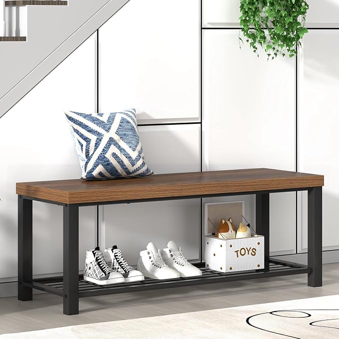 FOLUBAN Modern Entryway Bench - Rustic Wood and Metal Shoe Storage for Hallway Front Door Entrance, Industrial Indoor Seat for Bedroom Living Room, 43 Inch Walnut