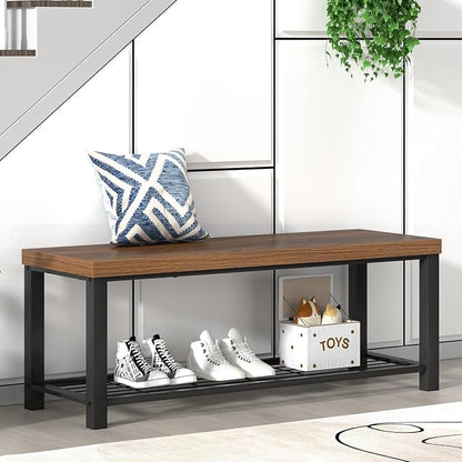 FOLUBAN Modern Entryway Bench - Rustic Wood and Metal Shoe Storage for Hallway Front Door Entrance, Industrial Indoor Seat for Bedroom Living Room, 43 Inch Walnut