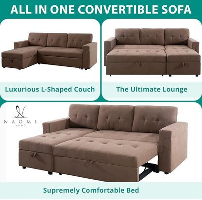 Naomi Home 84" L-Shaped Sectional Sleeper Sofa with Pull Out Bed | Sleeps Guests Comfortably, Stores Essentials in Chaise & Saves Space, Velvet, Mocha Convertible Sofa Bed