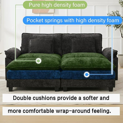 Oprisen 86" Modular Sectional Sofa, Comfy Cloud Couch Sectional Sofa with Ottoman, Chenille Sofa Sleeper Deep Seat Sofa with Throw Pillows for Living Room (Black)