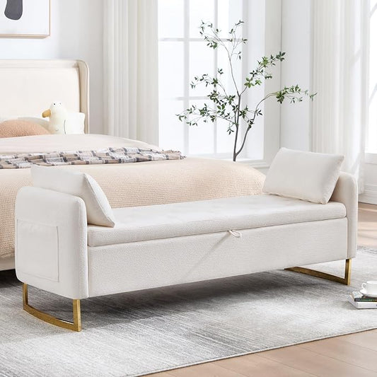 65" Storage Ottoman Bench, Storage Bench for Bedroom, End of Bed Storage Bench with Tufted Upholstered and Gold Legs, Bedroom Benches with Arms Window and Entryway, Chenille Cream