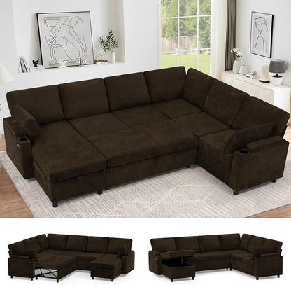 110" Chenille Sectional Sofa w/Pull Out Bed & Storage Chaise, Brown | Reversible U Shape Sofa w/Storage Armrests & Cup Holders, Corner Couch w/USB Charging Port & Throw Pillows for Living Room