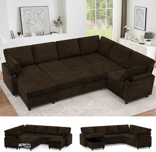 110" Chenille Sectional Sofa w/Pull Out Bed & Storage Chaise, Brown | Reversible U Shape Sofa w/Storage Armrests & Cup Holders, Corner Couch w/USB Charging Port & Throw Pillows for Living Room