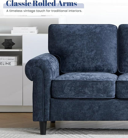 Kingfun 3 Seater Couch, Mid Century Modern Sofa with Rolled Arms and Deep Seats, Fluffy Comfort for Living Room, Apartment, Easy Assembly, Blue