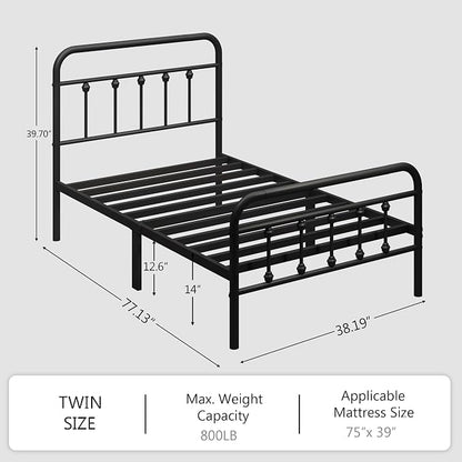 zunatu Twin Size Metal Platform Bed Frame/Victorian Style Headboard and Footboard/Steel Slat Support/Easy Assembly/No Box Spring Needed/Underbed Storage/Noise Free/Black