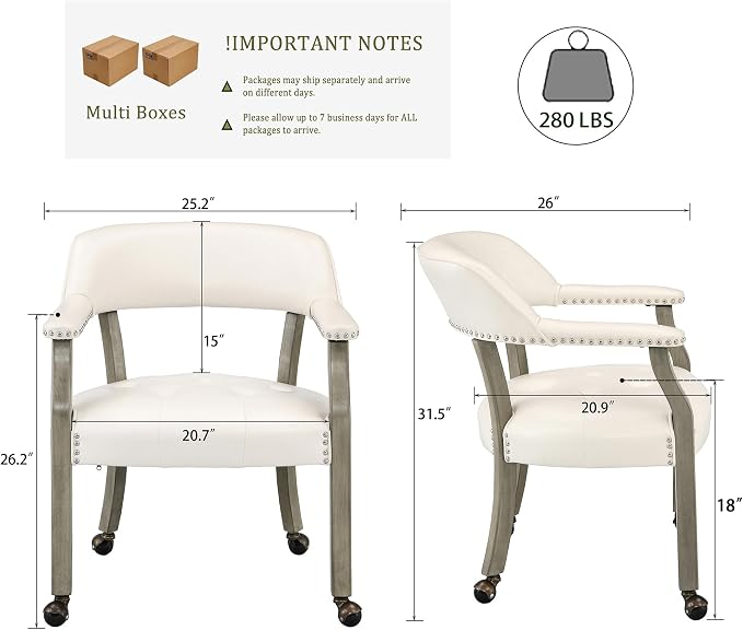 LEEMTORIG Set of 6 Large Dining Chairs with Casters and Arms, Rolling Dining Chairs with Wheels, Solid Wood Boss Caption's Chairs, 26" D x 25.2" W x 31.5" H, Grey Legs & Ivory SY-1318-WT