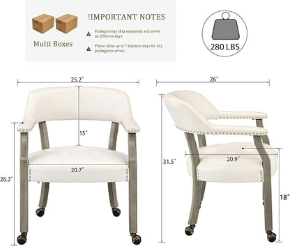 LEEMTORIG Set of 2 Large Dining Chairs with Casters and Arms, Rolling Dining Chairs with Wheels, Game Chairs, Solid Wood Boss Caption's Chairs, 26" D x 25.2" W x 31.5" H, Grey Legs & Ivory SY-1318-WT