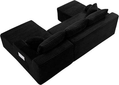 106-Inch Oversized U-Shaped Right Facing Corner Compressed Sofa Modular Boneless Cloud Sectional Sofa Floor Foam Couch W/Chaise & Ottoman, Corduroy Corner Boneless Cloud Couch