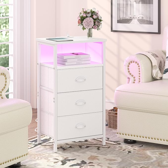 sthmec Nightstand with Charging Station,LED White Nightstand with 3 Fabric Drawers PU Finish, Bedside End Tables, 2-Tier Open Storage Shelf Side Table Nightstand with Drawers for Bedroom,White