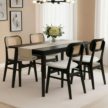 ROCITY Rattan Dining Chairs Set of 4 Black Linen Fabric Dining Room Chairs Natural Wooden Kitchen Chairs Farmhouse Boho