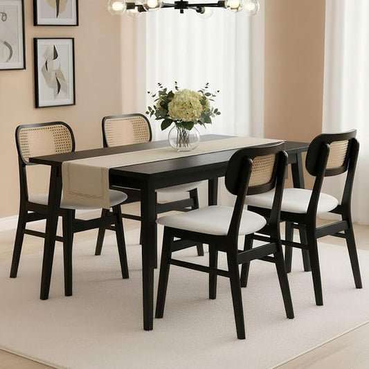 ROCITY Rattan Dining Chairs Set of 4 Black Linen Fabric Dining Room Chairs Natural Wooden Kitchen Chairs Farmhouse Boho