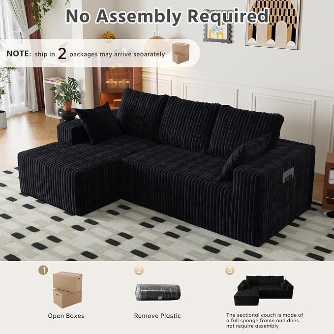 Cloud Boneless Sectional Couches with Oversized Chaise for Living Room, Modular L Shaped Couch with Deep Seat, Memory Foam Compressed 3 Seater Sofa for Apartment