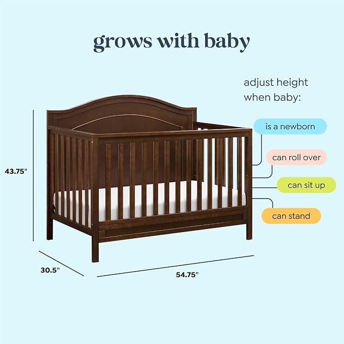 Davinci Charlie 4-in-1 Convertible Baby Crib w/Mattress - Espresso | GREENGUARD Gold Certified, Low-Profile Crib Convertible to Toddler Bed, Daybed, Full Bed - Conversion Kit Sold Separately