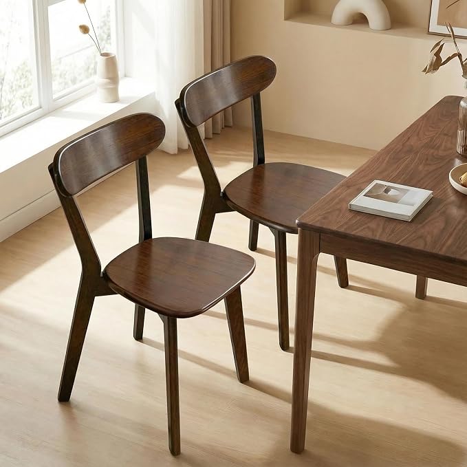 100% Solid Wood Dining Chairs,Mid Century Modern Dining Chairs with Comfortable Curved Backrest,Wood Chairs for Kitchen,Dining Room (1, Walnut Color)