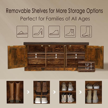 DINZI LVJ Shoe Bench, Entryway Storage Bench with Doors, Cushion, 2-Tier Shoe Rack with 6-Cubby, 39.4”L x 13.8”W Shoe Organizer Cabinet, Adjustable Shelf, Living Room, Bedroom, Rustic Brown