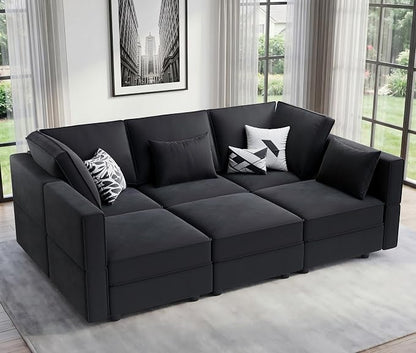 Vesgantti Modular Sectional Sofa with Storage, 92" Sofa Bed with 6 Seats Storage Chaises Removable Cover, Deep Seat Modular Couches Velvet Couch Set for Living Room, Apartment, Home Theater, Black