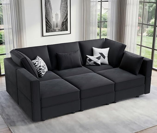 Vesgantti Modular Sectional Sofa with Storage, 92" Sofa Bed with 6 Seats Storage Chaises Removable Cover, Deep Seat Modular Couches Velvet Couch Set for Living Room, Apartment, Home Theater, Black