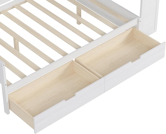 Merax Full Size Wood Daybed, Corner Bed Frame with Storage Shelves, 2 Drawers & Study Desk & Built-in Workspace, Multi-Functional Wooden Bed Space-Saving for Bedroom, Dorm, Guest Room, Antique White