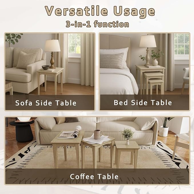Kmax Nesting Tables Set of 3, Small Sofa Side Table Rustic Stacking End Table Rectangle Solid Wood Coffee Tables for Small Space - Ashes White