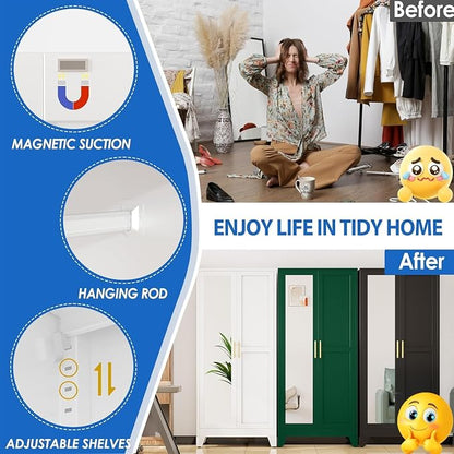 GAIOUS 71" Metal Wardrobe Cabinet with Mirror and Hanging Rod White | Clothing Storage Cabinets with 2 Doors and Adjustable Shelves, Armoire Wardrobe Closet for Bedroom, Laundry Cloak Room