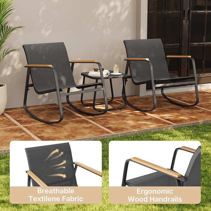 Aiho 3 Piece Rocking Bistro Set, Textilene Fabric Patio Furniture Set, Front Porch Rocker Chairs with Coffee Table for Lawn, Garden, Balcony, Poolside (Black)