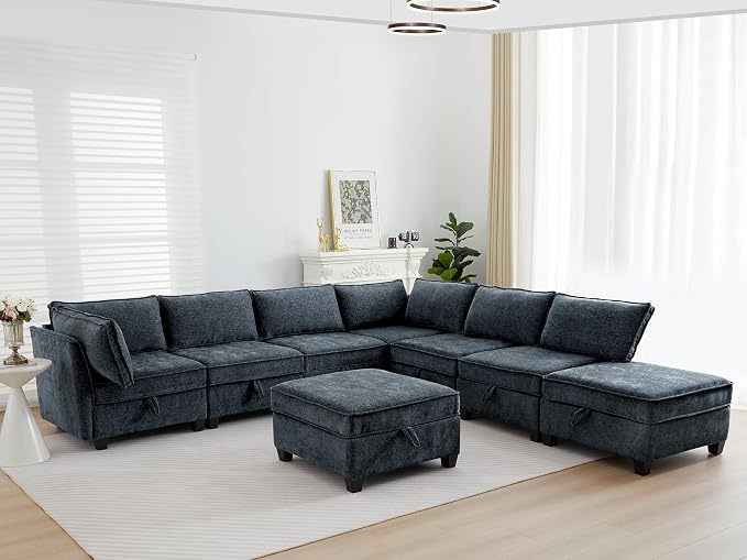 ORRD Oversize Corner Modular Sectional Sofa Set, Convertible L Shaped Couch with Storage, 8 Seater Sofa Modular with Ottomans and Reversible Chaise for Living Room, Office (Blue Grey)
