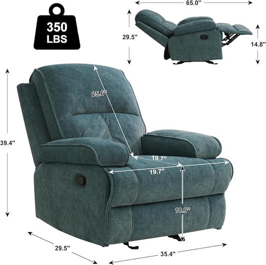 Manual Rocker Recliner Chair for Adults, High Back Glider with Deep Seat, Upholstered Fabric Armchair for Living Room & Nursery, Blue
