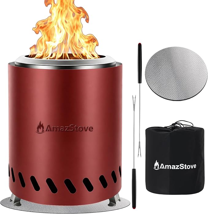 9.7 x 7.1 Inch Tabletop Fire Pit by AmazStove, Low Smoke Camping Stove for Outdoor Safe Burning Firepits, Fueled Pellets or Wood, Travel Bag Included (Red, 9.7 x 7.1 INCH)