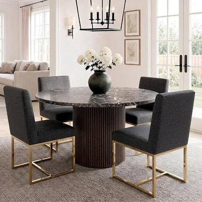 HNY Modern Dining Chairs Set of 4, Upholstered Linen Dining Room Chairs with Ergonomic Back & Polished Gold Metal Frame for Home, Kitchen, Apartment, Charcoal Black