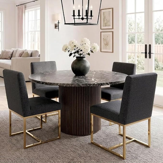 HNY Modern Dining Chairs Set of 4, Upholstered Linen Dining Room Chairs with Ergonomic Back & Polished Gold Metal Frame for Home, Kitchen, Apartment, Charcoal Black