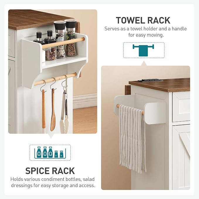 RALGEND Kitchen Island with Drop Leaf & Power Outlet, Rolling Kitchen Island Cart On Wheels, Barn Door Kitchen Island Table with Storage and Tower Rack, Island Table for Kitchen, White and Walnut