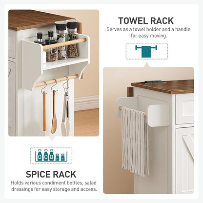 RALGEND Kitchen Island with Drop Leaf & Power Outlet, Rolling Kitchen Island Cart On Wheels, Barn Door Kitchen Island Table with Storage and Tower Rack, Island Table for Kitchen, White and Walnut
