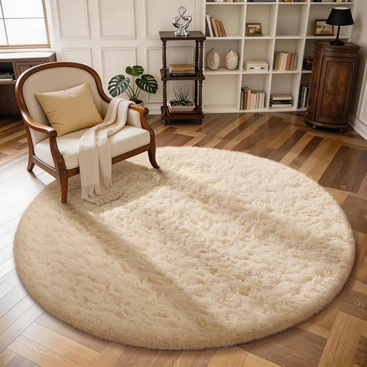 Ophanie Round Rug 4Ft Beige Circle Area Rug, Fluffy Fuzzy Small Bedroom Carpet, Plush Soft Shaggy Floor Living Room Circular Christmas Decor for Kids Boys Girls Home Aesthetic, Nursery, Classroom