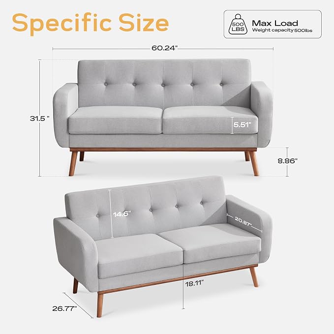 HUIMO Sofa Couch, Mid Century Modern Sofa with Solid Wood Frame, Button Tufted Couch for Bedroom, Living Room, Office, Apartment (Light Grey, 60 inch)