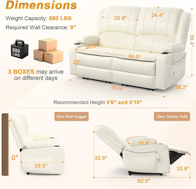 Loveseat Recliner Sofa, Power Reclining Loveseat Sofa RV Couch with Removable Armrest and Remote Control, Wall Hugger Home Theater Seating with 2-Tier Cushions, Storage & USB Ports, White